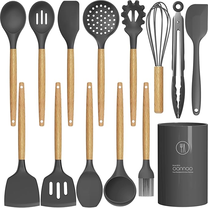 oannao Silicone Cooking Utensils Kitchen Utensil Set - 446°F Heat Resistant Silicone Kitchen Utensils Set, Spatula,Turner Tongs, Spoon, Whisk,Kitchen Gadgets for Nonstick Cookware, BPA Free (Gray) by oannao