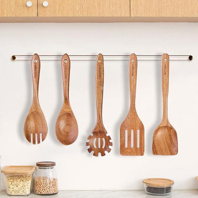 Wooden Spoons for Cooking - 5-Piece Wooden Kitchen Utensil Set made of Natural Solid Wood Material - Includes Salad Spoons, Spaghetti Spoon,Slotted Spatula, Salad Fork, Flat Spatula(A05) - Image 8