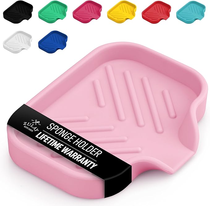 Zulay Kitchen Small Silicone Sponge Holder (4.9x3.3”) – Space-Saving Sink Organizer Tray for Sponge, Soap, Brush & More – Compact Non-Slip Dish for Kitchen & Bathroom (Pink) by ZulayKitchen