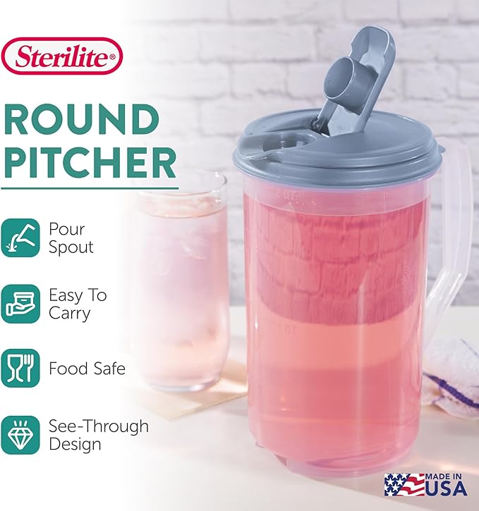 Sterilite 2 Quart Clear Round Plastic Pitcher, Dishwasher Proof with Blue Lid, Spout, and Handle for Easy Pouring, Washed Blue, 18-Pack - Image 2