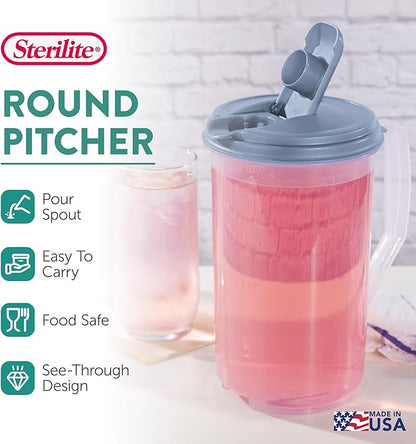 Sterilite 2 Quart Clear Round Plastic Pitcher, Dishwasher Proof with Blue Lid, Spout, and Handle for Easy Pouring, Washed Blue, 12-Pack - Image 2