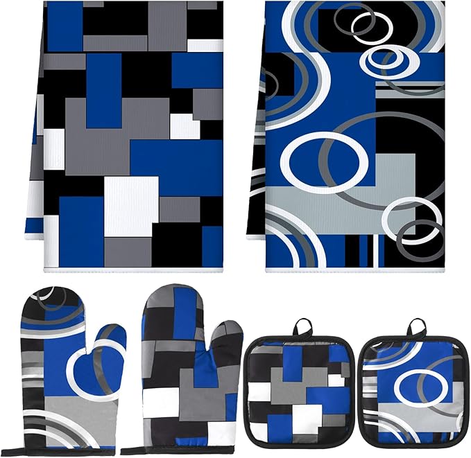 Jingmore 6 Pcs Kitchen Decor Set Accessorie Farmhouse Kitchen Towels Pot Holders Oven Mitts Set 2 Dish Towels 2 Pot Holders 2 Cooking Mittens Oven Glove for Cooking(Blue and Black,Geometric) by Jingmore