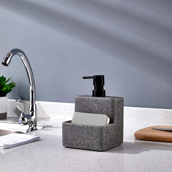zccz Soap Dispenser with Sponge Holder, Liquid Hand and Dish Soap Dispenser Pump Bottle and Sponge Holder 2 in 1 for Kitchen Sink Bathroom Counter Storage and Organization Black Marble Look - Image 3