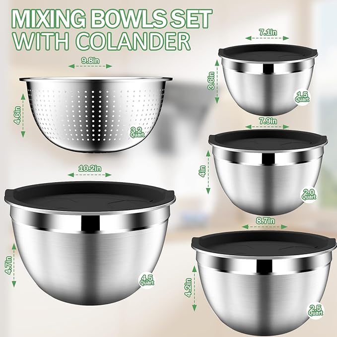 DUTZUN Mixing Bowls with Lids Set, Stainless Steel Mixing Bowls with Colander, Strainer with Mixing Bowl Set, Serving Bowl Kitchen Gift, Size 4.5, 2.5, 2, 1.5QT - Black - Image 2