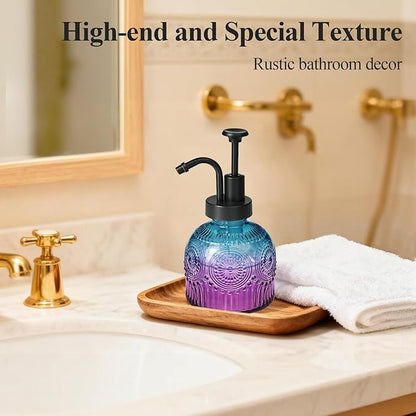 SheeChung Vintage Soap Dispenser, Kitchen Dish Soap Dispensers with Pump Mat, Glass Hand Soap Dispenser for Bathroom, Liquid, Lotion, Refillable, Rustic Farmhouse Decor-Purple Blue (Black Pump, 2 pk)