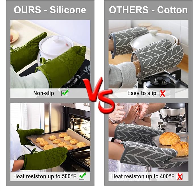 KEGOUU Oven Mitts and Pot Holders 6pcs Set, Kitchen Oven Glove High Heat Resistant 500 Degree Extra Long Oven Mitts and Potholder with Non-Slip Silicone Surface for Cooking (Olive Drab) - Image 5