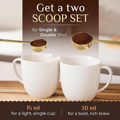 Orblue Premium Coffee Scoop Set - 1 Tbsp (15ml) & 2 Tbsp (30ml) Measuring Tablespoon - Stainless Steel Coffee Measuring Spoon and Scooper with Long Handles - Pack of 2 - Gold