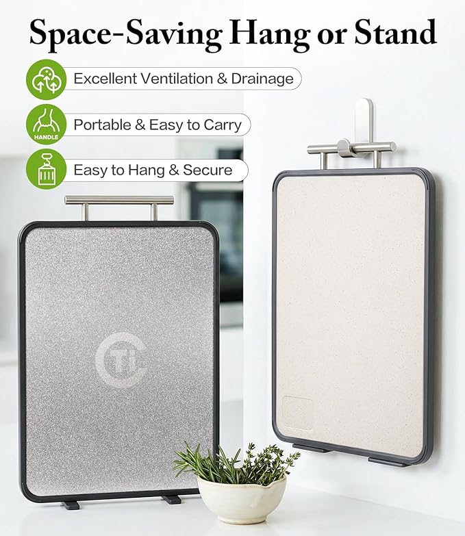 Titanium Cutting Board for Kitchen- Double Sided Chopping Board with Rotatable Feet, Textured Food-Grade Titanium Surface for Raw Meats & PP Surface for Produce – Easy to Clean (14.5" × 11", 1 Pack)
