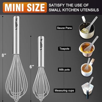 Walfos Mini Whisk,6+8 in Small Whisk,304 Stainless steel Whisks Heat Resistant 600°F,Nice for mixing salad dressings or beating an egg.Tiny whisk size great for narrow and shallow vessels.Silver - Image 2