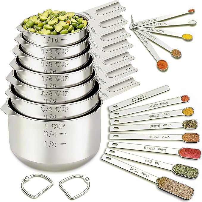 EWFEN Measuring Cups and Spoons Set, 7 Stainless Steel Nesting Measuring Cups & 7 Spoons, 5 Mini Measuring Spoons &1 Leveler, Kitchen Gadgets for Cooking & Baking, Square by EWFEN
