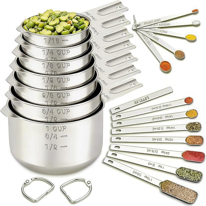 EWFEN Measuring Cups and Spoons Set, 7 Stainless Steel Nesting Measuring Cups & 7 Spoons, 5 Mini Measuring Spoons &1 Leveler, Kitchen Gadgets for Cooking & Baking, Square by EWFEN
