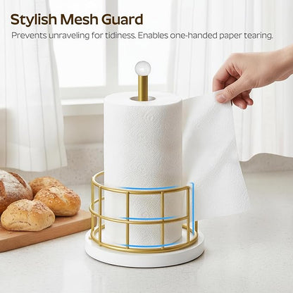 YATINEY Paper Towel Holder, Kitchen Paper Towel Holder for Countertop, Gold Paper Towel Stand with Wooden Base, Freestanding Kitchen Roll Holder, for Standard Size Rolls, Gold CJ05DW