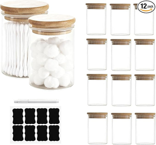 12 Packs Bamboo Qtip Holders, 10 oz Glass Round Storage Containers with Lids for Cotton Pads Swabs Balls, Jewelry/Makeup Organizer and Spice Container by Unknown