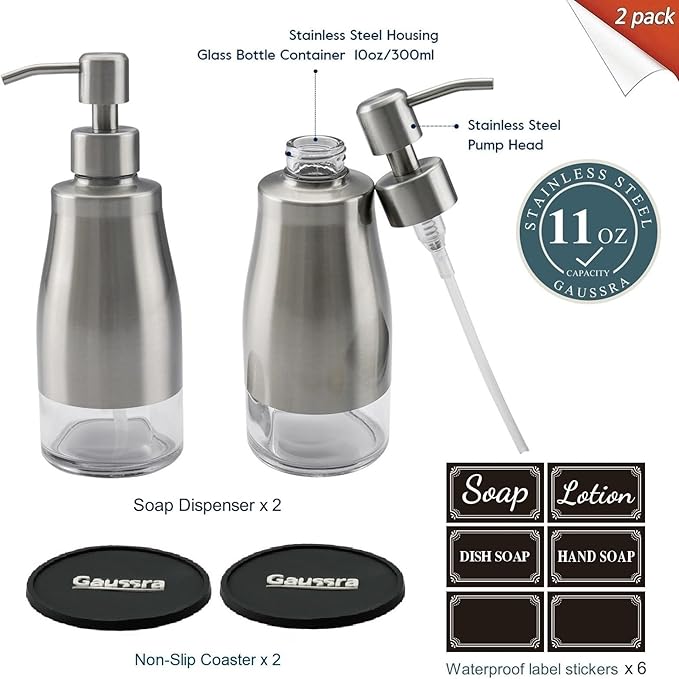 Gaussra 2 Pack Soap Dispenser with Coaster and Stickers, Stainless Steel Case Glass Liner Hand Pump Dispenser, Refillable Liquid Hand Soap Dispenser for Bathroom & Kitchen - Brushed Nickel - Image 2