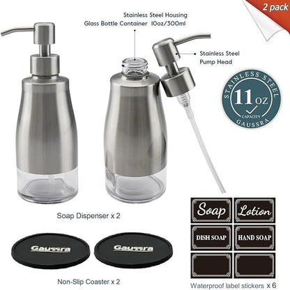 Gaussra 2 Pack Soap Dispenser with Coaster and Stickers, Stainless Steel Case Glass Liner Hand Pump Dispenser, Refillable Liquid Hand Soap Dispenser for Bathroom & Kitchen - Brushed Nickel - Image 2