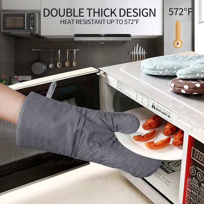 4Pcs Oven Mitts and Pot Holders Set, 572F Heat Resistant Oven Glove, Soft Cotton Lining with Non-Slip Surface for Kitchen Baking BBQ (Grey) - Image 3