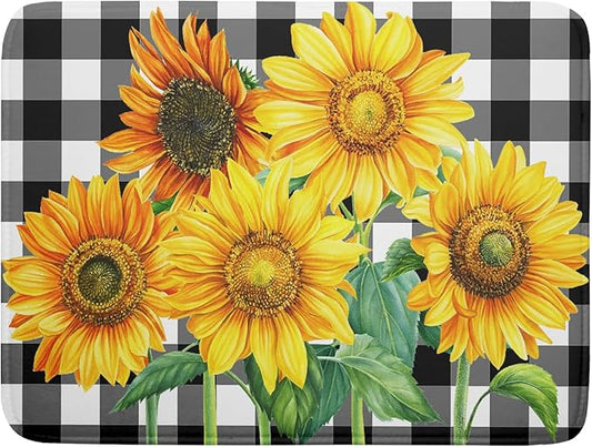 Sunflower Dish Drying Mat for Kitchen Counter Watercolor Black White Plaid Microfiber Absorbent Dish Draining Reusable Washable Foldable Extra Large 18"x24" by Unknown