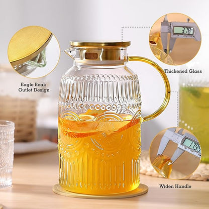 2 Pack Vintage Glass Pitchers with Lid and 2 Cups, 68oz/ 2 Liter Glass Water Pitcher with Handle and Lid for Fridge, Iced Tea, Coffee, Borosilicate Glass Carafe for Hot/Cold Brew Drink