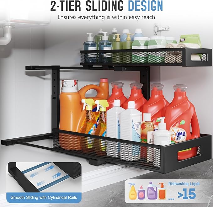 2 Pack 19IN Depth Under Sink Storage Organizer, Large 2-Tier Elegant Mesh Pull Out Shelf for Kitchen and Bathroom Cabinet Organization, L-Shaped and Adjustable Height Design-Black - Image 5