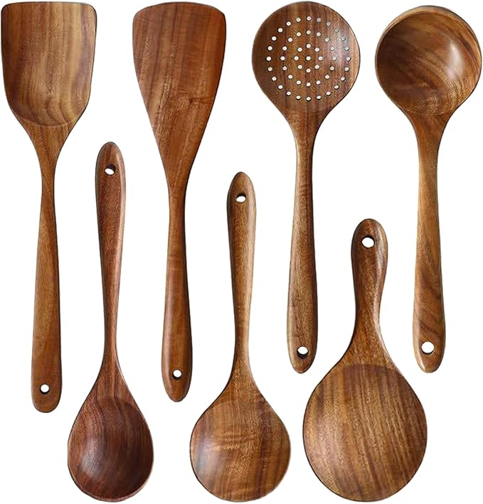Messon Wooden Spoons for Cooking, 7Pcs Handmade Natural Teak Cooking Spoons Wooden Spatula for Non Stick Cookware (7 sets) by Messon