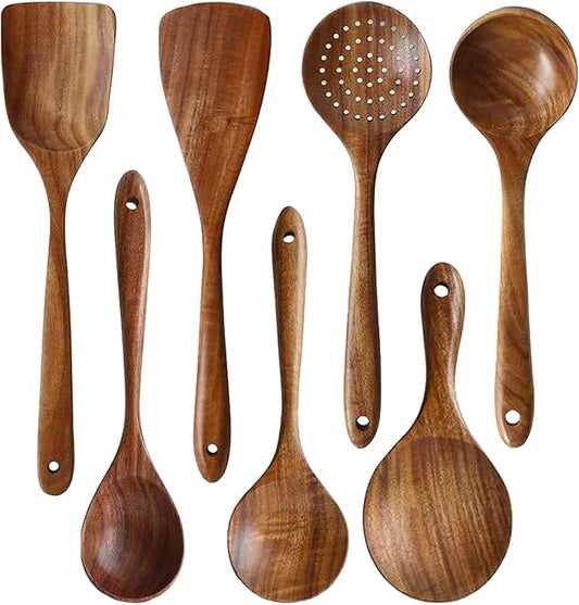 Messon Wooden Spoons for Cooking, 7Pcs Handmade Natural Teak Cooking Spoons Wooden Spatula for Non Stick Cookware (7 sets) by Messon