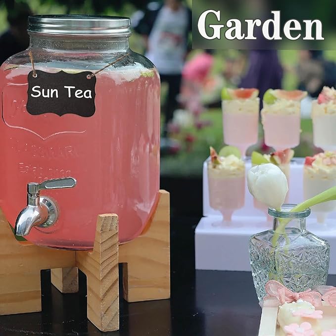 2 Gallon Drink Dispenser with 18/8 Stainless Steel Spigot, Sun Tea Glass Mason Jar for Outside, Iced Lemonade Beverage Dispenser with Ice Core, Large Water Juice Jug, Punch Dispenser for Parties
