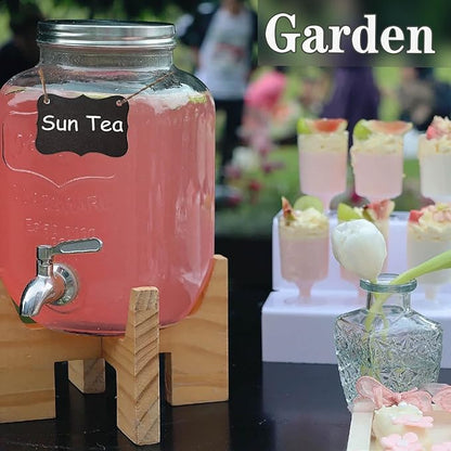 2 Gallon Drink Dispenser with 18/8 Stainless Steel Spigot, Sun Tea Glass Mason Jar for Outside, Iced Lemonade Beverage Dispenser with Ice Core, Large Water Juice Jug, Punch Dispenser for Parties