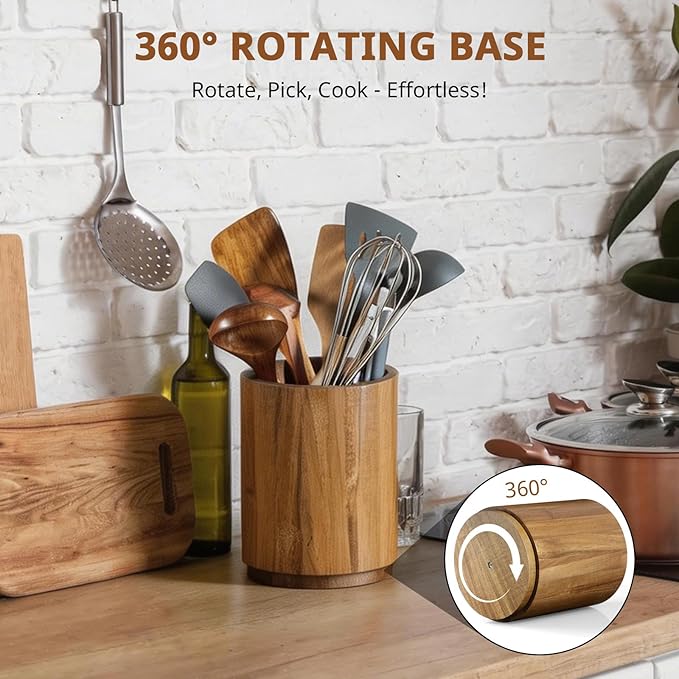 Bivvclaz Acacia Wood Utensil Holder, 360°Rotating 7.2" Utensil Holder for Kitchen Counter, Large Kitchen Utensil Holder, Cooking Utensil Crock for Countertop, Farmhouse Kitchen Decor and Accessories - Image 3