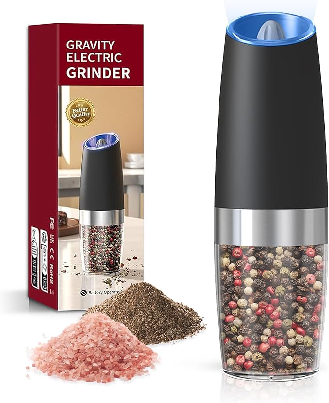 Battery Operated Salt And Pepper Grinder with LED Light, Automatic Electric Gravity Salt And Pepper Shakers, Each 6 AAA Batteries Needed, Adjustable Roughness, 1 Pack (Black) by Unknown