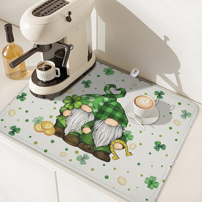 St Patrick's Day Gnome Dish Drying Mat for Kitchen Counter,Inch Lucky Shamrock Gold Coin Drying Mat 18 x 24 Inch with Absorbent Reversible Microfiber Dish Drying Pad for Coffee Bar - Image 7