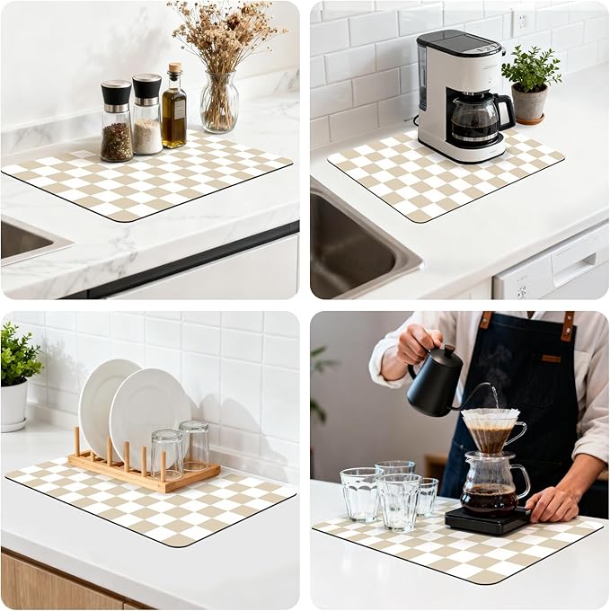 12" x 20" Checkered Dish Drying Mat for Kitchen Counter, Absorbent Coffee Bar Mat for Espresso Machine Coffee Countertops Accessories, Beige - Image 8