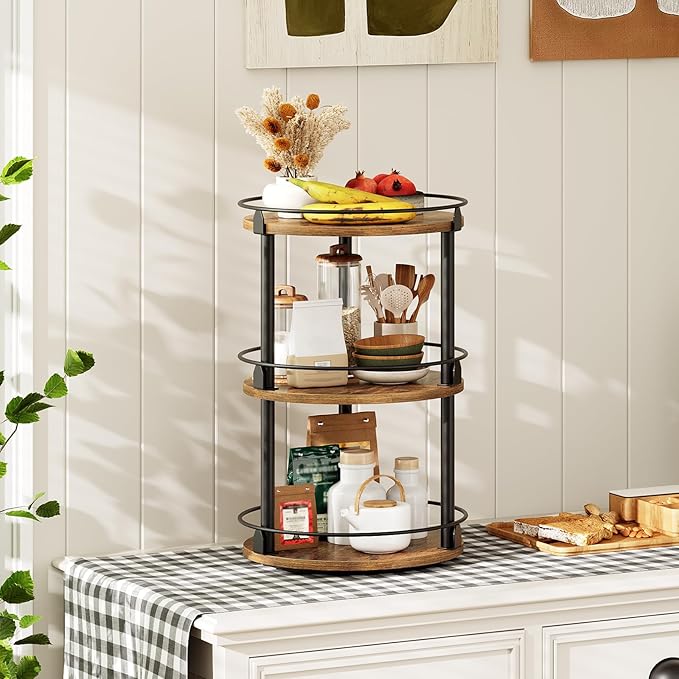 YATINEY 3-Tier Lazy Susan Organizer, Rotating Spice Rack, Spinning Organizer, Industrial Turntable Spice Rack Organizer for Cabinet, Kitchen Countertop, Pantry, Rustic Brown and Black SR23BR - Image 8