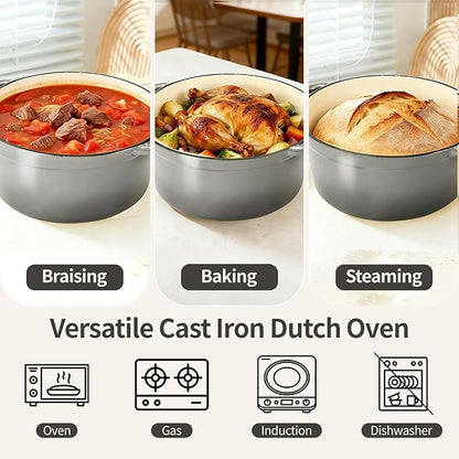 Enameled Cast Iron Dutch Oven with Lid -6.5 QT, incl. Sourdough Bread-Baking Supplies like Banneton Proofing Basket, Heavy Duty Cookware Bread-Oven for Baking, Stews, and Roasting, Gray - Image 8