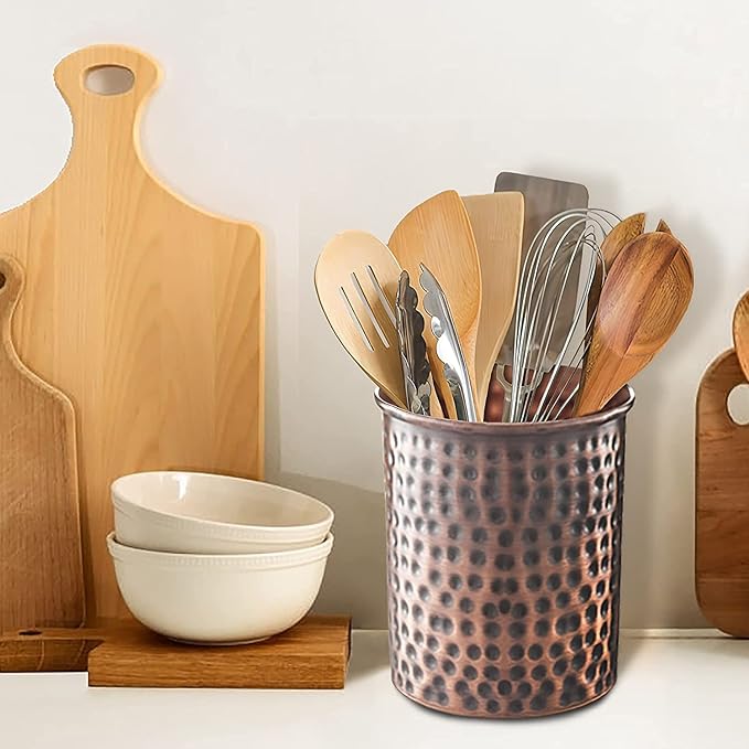 Monarch Abode Kitchen Utensil Holder – Hand Hammered Metal Antique Copper Utensil Holder, Decorative Utensil Crock for Kitchen Counter, Cooking Tool and Spatula Holder for Countertop, Caddy Organizer - Image 2
