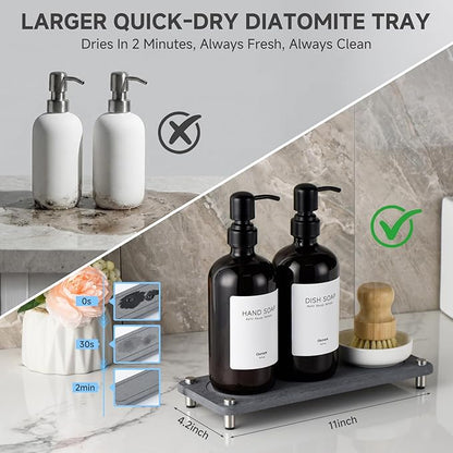 2 Pack Kitchen Soap Dispenser Set - 16oz Black Glass Dish and Hand Soap Dispenser with Stainless Steel Pump, Instant Dry Tray, Dish Brush & Holder, Refillable Countertop Sink Decor for Kitchen & Bath - Image 2
