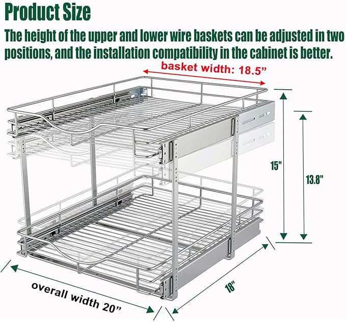 DINDON 2 Tier Pull Out Cabinet Organizer (20" W X 18" D), Double Tier Wire Basket Slide Out Shelf Storage for Kitchen Base Cabinet Organization ​for Kitchen, Pantry, Bathroom, Chrome - Image 3