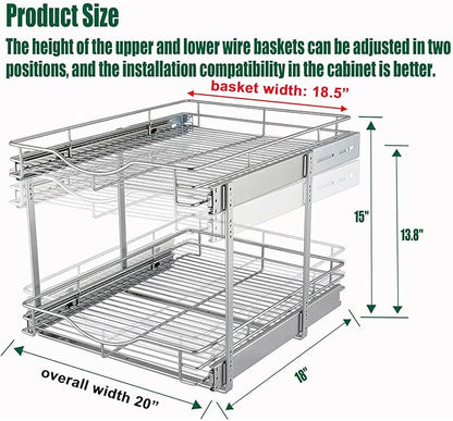 DINDON 2 Tier Pull Out Cabinet Organizer (20" W X 18" D), Double Tier Wire Basket Slide Out Shelf Storage for Kitchen Base Cabinet Organization ​for Kitchen, Pantry, Bathroom, Chrome - Image 3