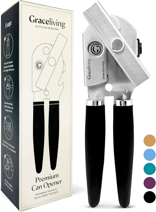 Premium Multifunction Magnetic Manual Can Opener and Bottle Opener, Heavy Duty Stainless Steel Sharp Cutting Blade and Oversized Easy Turn Knob, Soft-Touch Handle, Kitchen Use, Black by GracelivingKitchenware