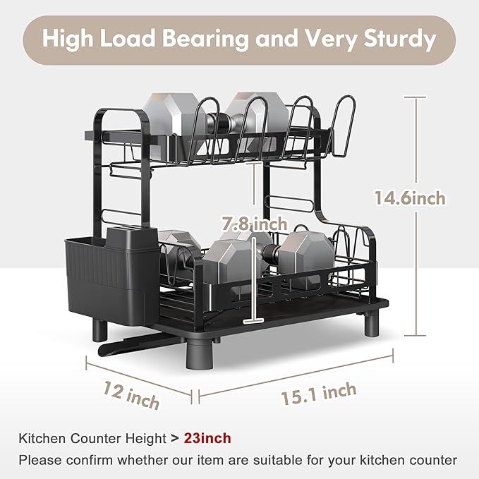 BOOSINY Dish Drying Rack, 2 Tier Large Stainless Steel Black Dish Rack with Drainboard Set for Kitchen Counter, Space Saving Plates Drainer Rack with Cups Holder & Utensil Holder, Dish Strainer Holder - Image 4