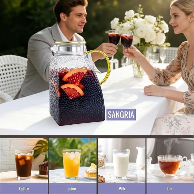 Glass Pitcher With Lid and Spout, 1.8 Liter 60 oz Glass Pitchers With Handle And Lid, Jug Water Pitchers For Fridge, Carafe Jar for Hot/Cold Water Iced Tea Juice Coffee Milk Beverage - Image 5