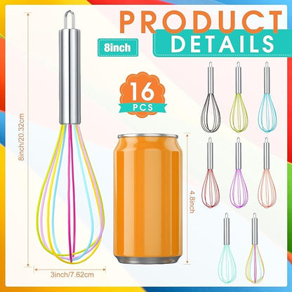 Domensi 16 Pcs 8 Inch Whisks Bulk for Cooking Silicone Whisks Non Scratch Stainless Steel Hand Coated Metal Heat Resistant Egg Beaters for Classroom Cook Party Favor Gift Supplies - Image 2