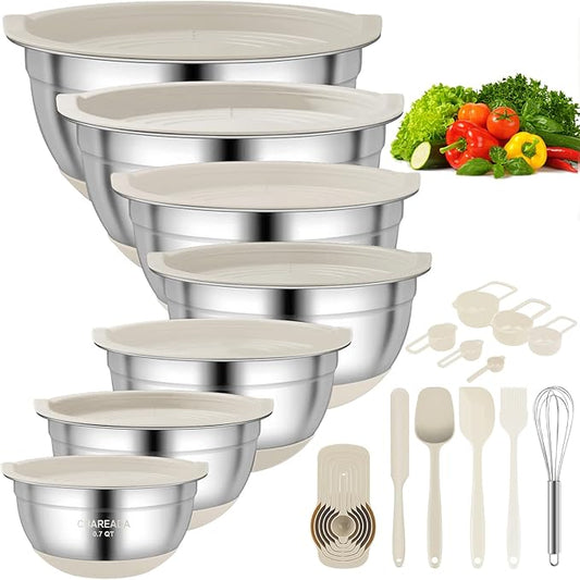 CHAREADA Mixing Bowls with Airtight Lids, 18pcs Stainless Steel Nesting Colorful Mixing Bowls Set Non-slip Silicone Bottom, Size 4.5, 3.6, 2.7, 2.1, 1.7, 1.1, 0.7 qt, Fit for Mixing & Serving (Khaki) by CHAREADA