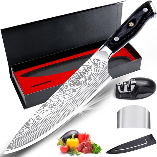 MOSFiATA 8" Super Sharp Professional Chef's Knife with Finger Guard and Knife Sharpener, German High Carbon Stainless Steel EN1.4116 with Micarta Handle and Gift Box by MOSFiATA