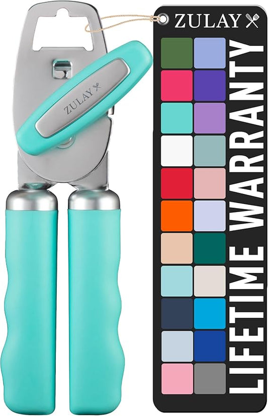 Zulay Kitchen Heavy Duty Stainless Steel Can Opener Manual with Bottle Opener - Rust Proof Manual Can Opener With Turn Knob & Comfy Soft Grip Handles - Teal by ZulayKitchen
