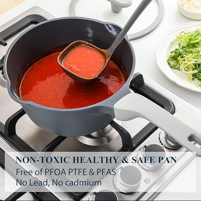 PRICUSIS Nonstick Saucepan with Lid, 2 Quart Ceramic Sauce Pan, Non Toxic Sauce Pot with Pour Spouts for Multipurpose Use, PTFE, PFOA & PFAS Free, Induction Compatible. - Image 4