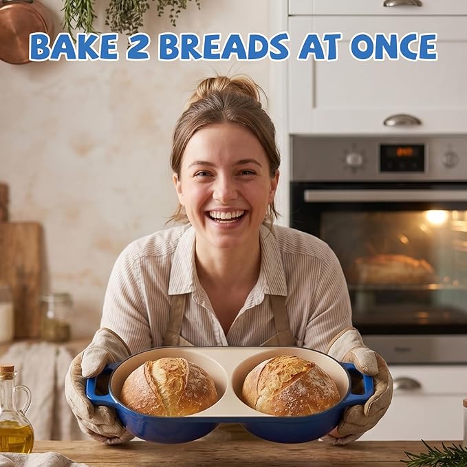Double Dutch Oven Pot with Lid, Enameled Cast Iron Bread Loaf Pan, Dutch Oven For Sourdough Bread Baking, 500°F Oven Safe Non Stick Dual Round Bread Pan, 16.5cm Diameter Loaf Pans, Blue