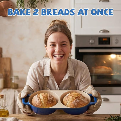 Double Dutch Oven Pot with Lid, Enameled Cast Iron Bread Loaf Pan, Dutch Oven For Sourdough Bread Baking, 500°F Oven Safe Non Stick Dual Round Bread Pan, 16.5cm Diameter Loaf Pans, Blue