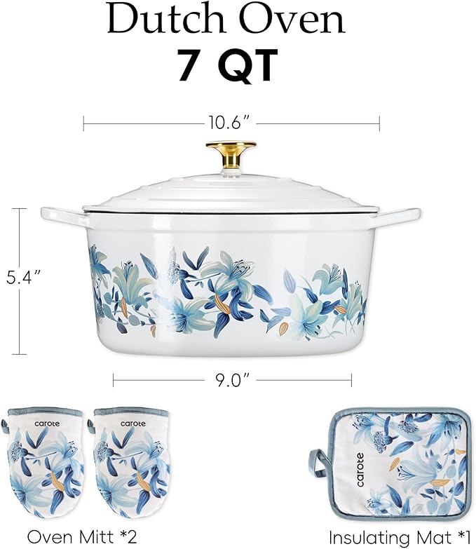 CAROTE 7QT Cast Iron Dutch Oven Pot with Lid, Enameled Floral Dutch Ovens with Cotton Potholders & Oven Gloves, Versatile Heavy-Duty Cookware for Sourdough Bread Baking, Braising, Stews, All Stovetop Compatible, Oven Safe up to 500° F, White & Blue - Image 2