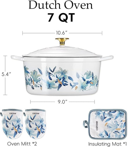 CAROTE 7QT Cast Iron Dutch Oven Pot with Lid, Enameled Floral Dutch Ovens with Cotton Potholders & Oven Gloves, Versatile Heavy-Duty Cookware for Sourdough Bread Baking, Braising, Stews, All Stovetop Compatible, Oven Safe up to 500° F, White & Blue - Image 2