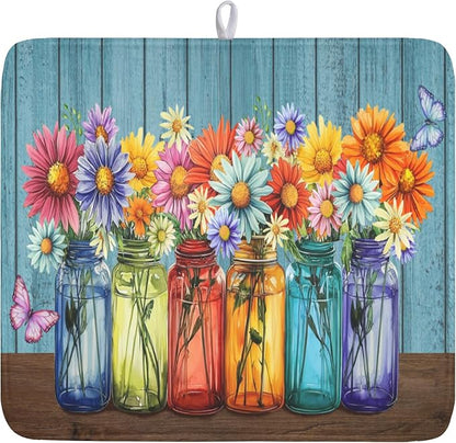 Vintage Floral Dish Drying Mat for Kitchen Counter Rustic Flower Vases Wooden Board Microfiber Dish Drainer Mat Spring Summer Absorbent Washable Drying Pad 16"x18"